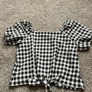 Black and White Check Puff Sleeve Tie Front Top